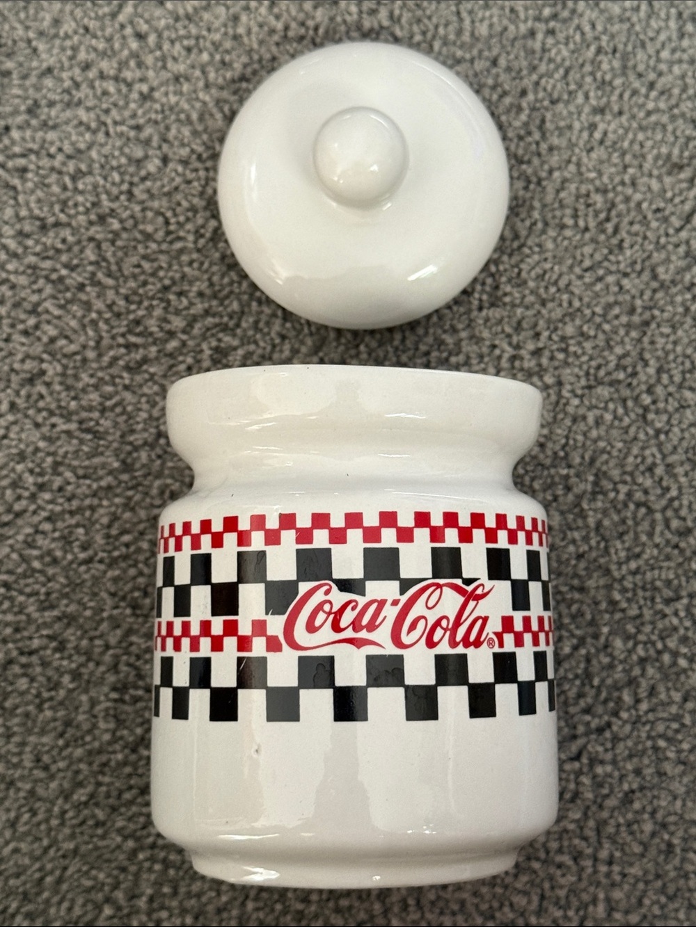 Coca-Cola 1997 Ceramic Jar Candy Cookie Dish. Red Logo w/Black Checker Pattern.